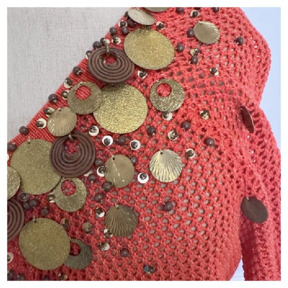 Vintage Berek Orange Sweater Womens M Cardigan Dangle Decorative Embellish Gypsy - Picture 2 of 12